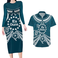 Kia Orana Cook Islands Couples Matching Long Sleeve Bodycon Dress and Hawaiian Shirt Polynesian Turtle Crowberry Blue Color LT14 Crowberry Blue - Polynesian Pride