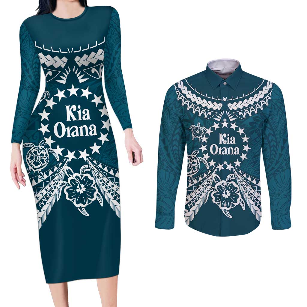 Kia Orana Cook Islands Couples Matching Long Sleeve Bodycon Dress and Long Sleeve Button Shirt Polynesian Turtle Crowberry Blue Color LT14 Crowberry Blue - Polynesian Pride