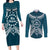 Kia Orana Cook Islands Couples Matching Long Sleeve Bodycon Dress and Long Sleeve Button Shirt Polynesian Turtle Crowberry Blue Color