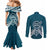Kia Orana Cook Islands Couples Matching Mermaid Dress and Long Sleeve Button Shirt Polynesian Turtle Crowberry Blue Color