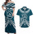 Kia Orana Cook Islands Couples Matching Off Shoulder Maxi Dress and Hawaiian Shirt Polynesian Turtle Crowberry Blue Color