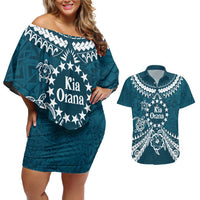 Kia Orana Cook Islands Couples Matching Off Shoulder Short Dress and Hawaiian Shirt Polynesian Turtle Crowberry Blue Color LT14 Crowberry Blue - Polynesian Pride