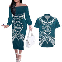 Kia Orana Cook Islands Couples Matching Off The Shoulder Long Sleeve Dress and Hawaiian Shirt Polynesian Turtle Crowberry Blue Color LT14 Crowberry Blue - Polynesian Pride