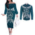 Kia Orana Cook Islands Couples Matching Off The Shoulder Long Sleeve Dress and Long Sleeve Button Shirt Polynesian Turtle Crowberry Blue Color
