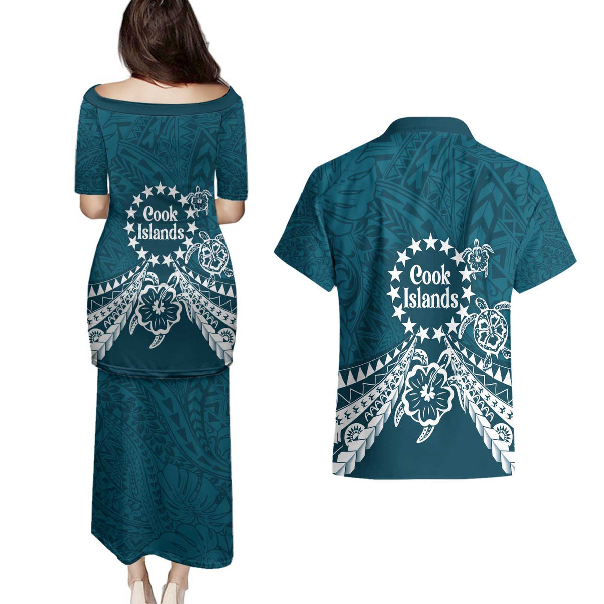 Kia Orana Cook Islands Couples Matching Puletasi and Hawaiian Shirt Polynesian Turtle Crowberry Blue Color