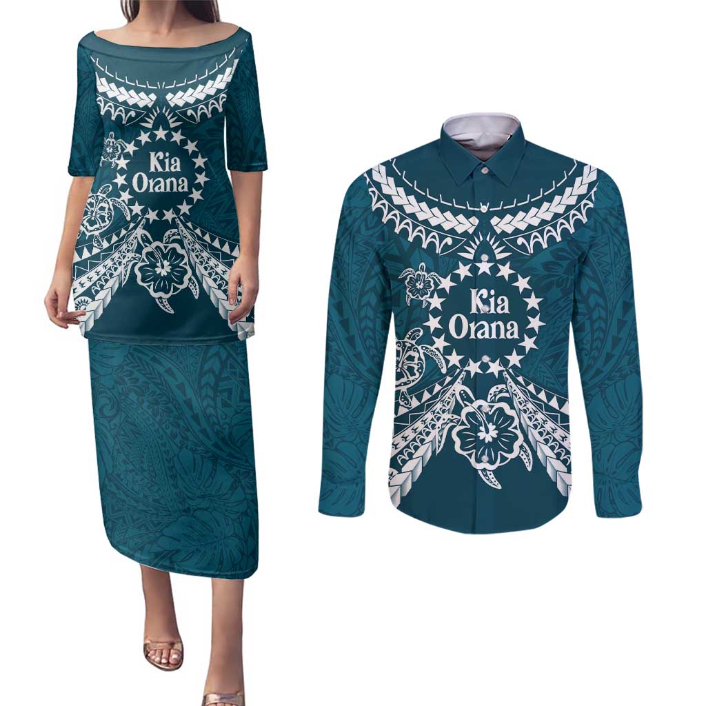 Kia Orana Cook Islands Couples Matching Puletasi and Long Sleeve Button Shirt Polynesian Turtle Crowberry Blue Color