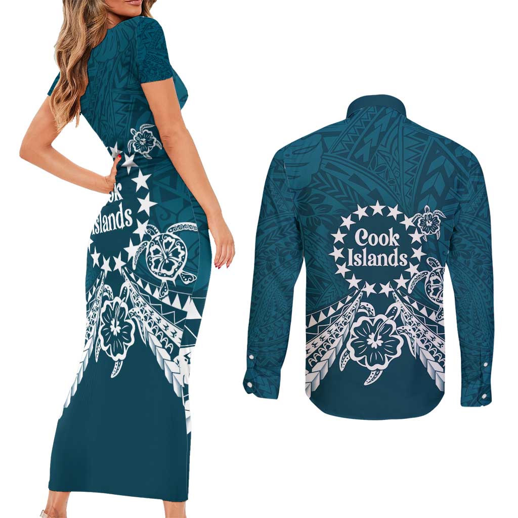 Kia Orana Cook Islands Couples Matching Short Sleeve Bodycon Dress and Long Sleeve Button Shirt Polynesian Turtle Crowberry Blue Color LT14 - Polynesian Pride