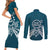 Kia Orana Cook Islands Couples Matching Short Sleeve Bodycon Dress and Long Sleeve Button Shirt Polynesian Turtle Crowberry Blue Color
