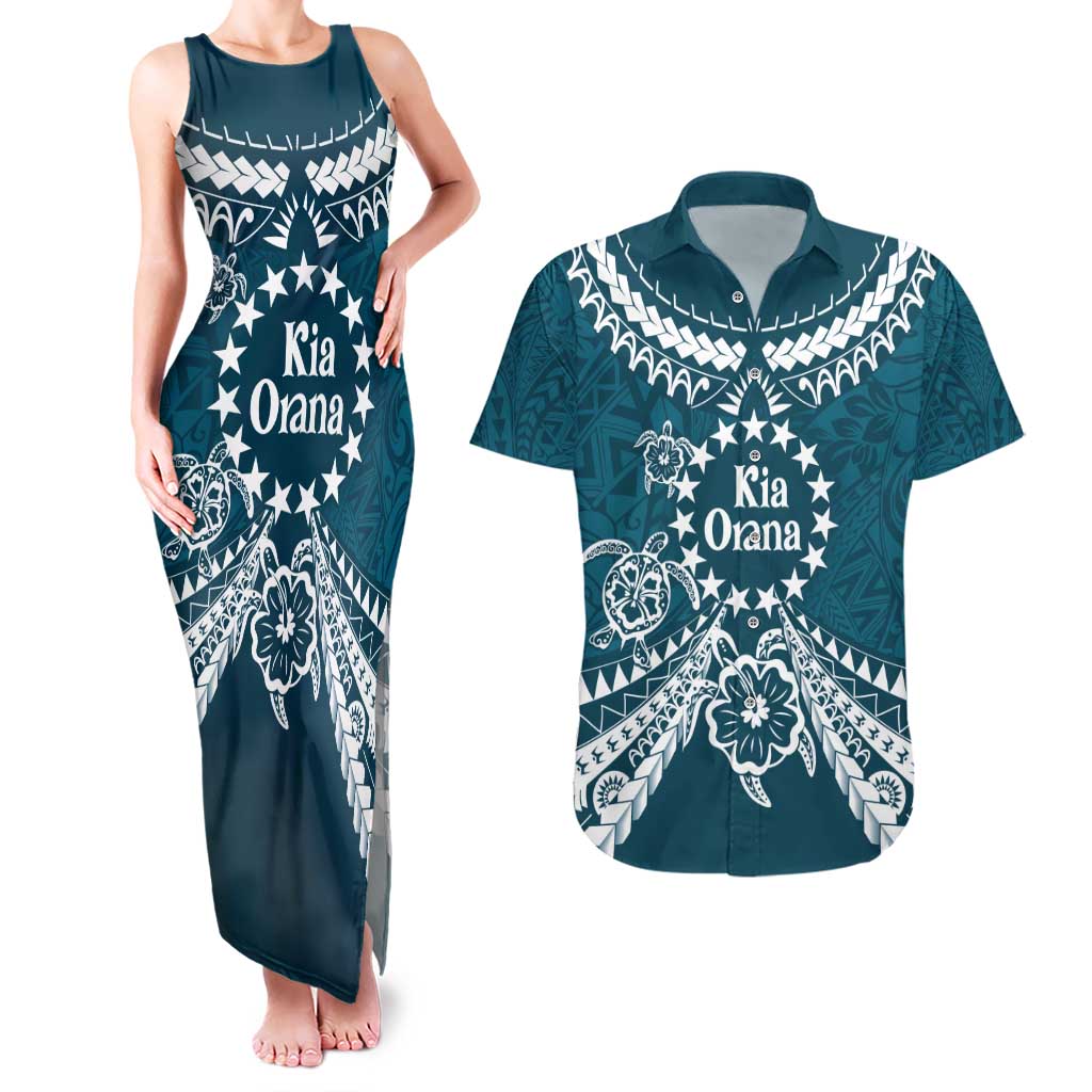 Kia Orana Cook Islands Couples Matching Tank Maxi Dress and Hawaiian Shirt Polynesian Turtle Crowberry Blue Color