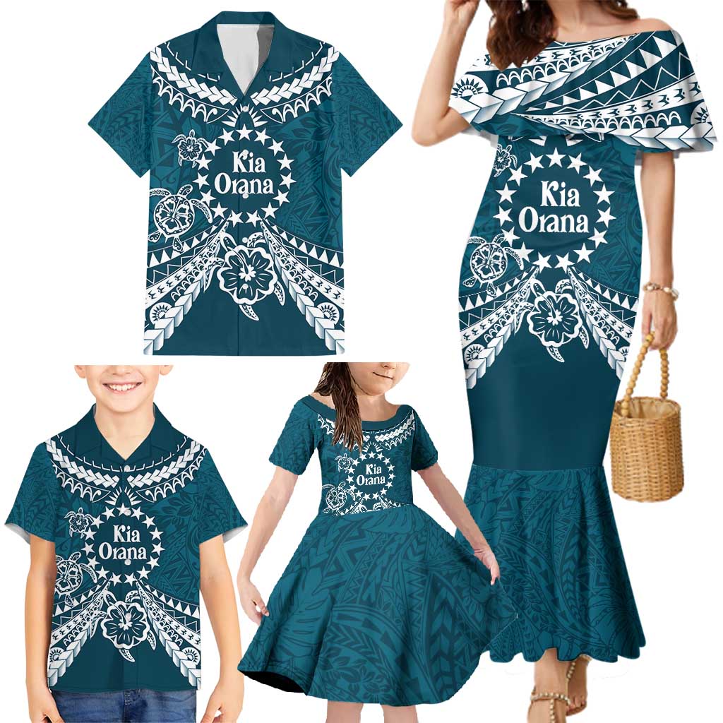 Kia Orana Cook Islands Family Matching Mermaid Dress and Hawaiian Shirt Polynesian Turtle Crowberry Blue Color