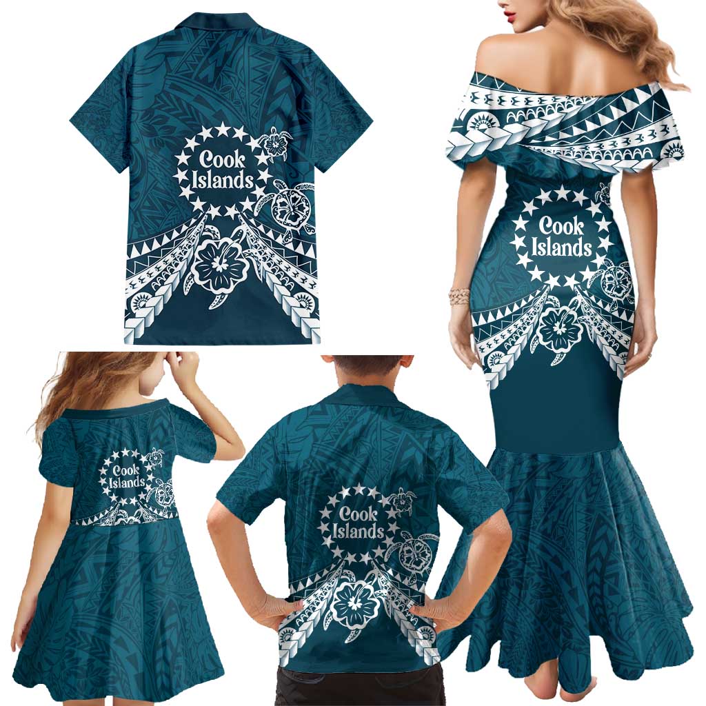 Kia Orana Cook Islands Family Matching Mermaid Dress and Hawaiian Shirt Polynesian Turtle Crowberry Blue Color