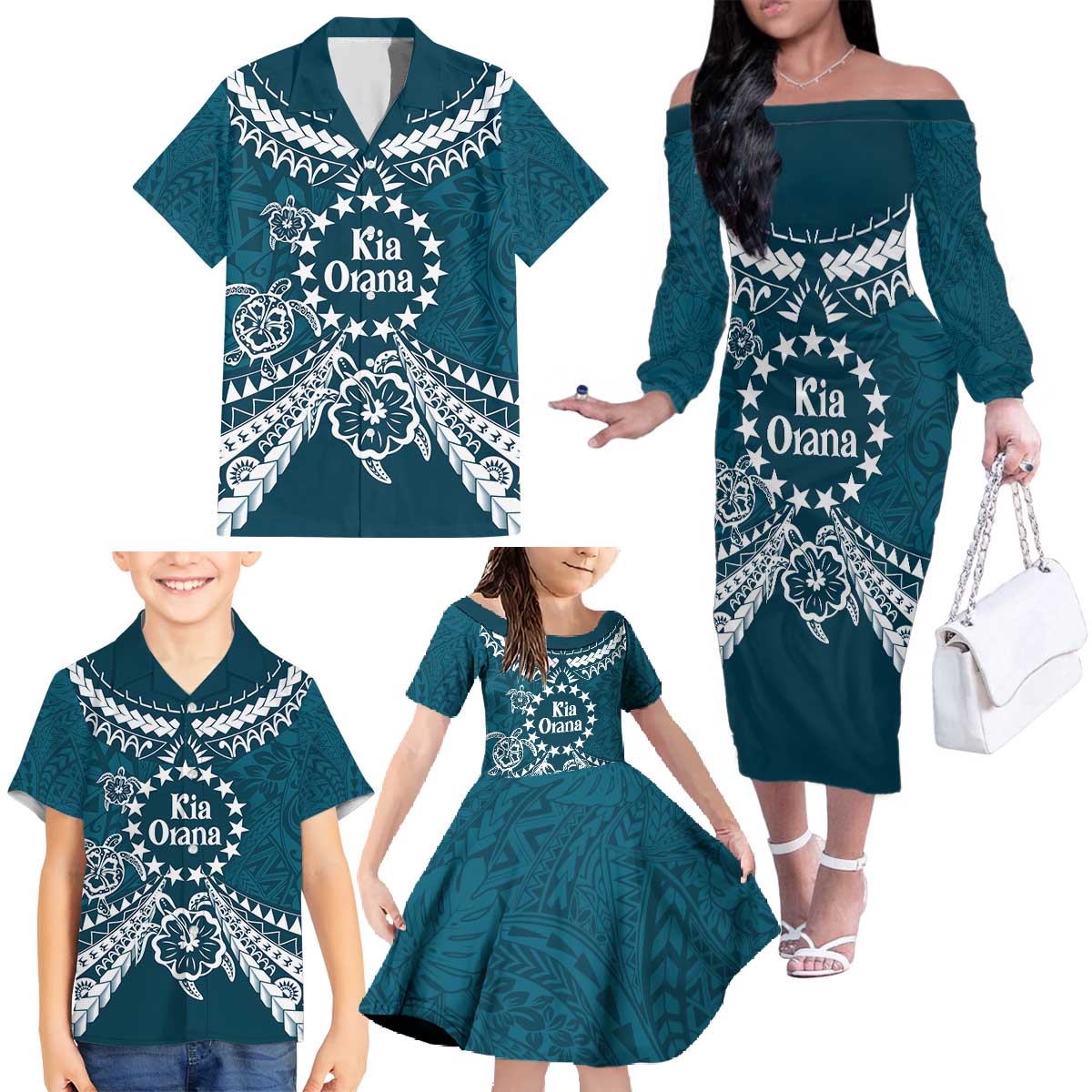 Kia Orana Cook Islands Family Matching Off The Shoulder Long Sleeve Dress and Hawaiian Shirt Polynesian Turtle Crowberry Blue Color LT14 - Polynesian Pride