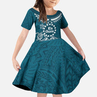 Kia Orana Cook Islands Family Matching Off Shoulder Maxi Dress and Hawaiian Shirt Polynesian Turtle Crowberry Blue Color LT14 Daughter's Dress Crowberry Blue - Polynesian Pride
