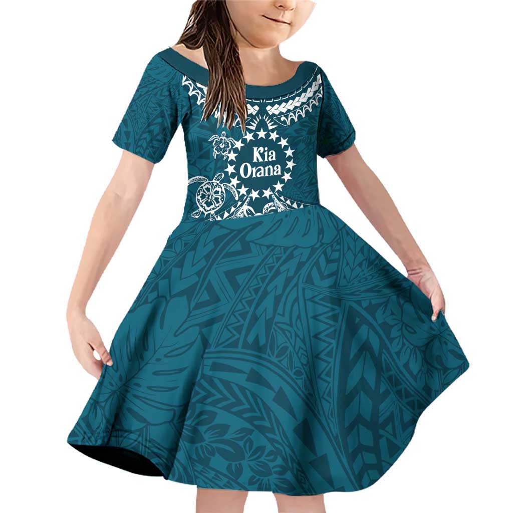 Kia Orana Cook Islands Family Matching Off Shoulder Short Dress and Hawaiian Shirt Polynesian Turtle Crowberry Blue Color LT14 Daughter's Dress Crowberry Blue - Polynesian Pride