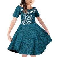 Kia Orana Cook Islands Family Matching Off Shoulder Short Dress and Hawaiian Shirt Polynesian Turtle Crowberry Blue Color LT14 Daughter's Dress Crowberry Blue - Polynesian Pride
