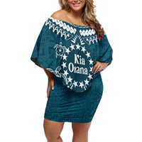 Kia Orana Cook Islands Family Matching Off Shoulder Short Dress and Hawaiian Shirt Polynesian Turtle Crowberry Blue Color LT14 Mom's Dress Crowberry Blue - Polynesian Pride