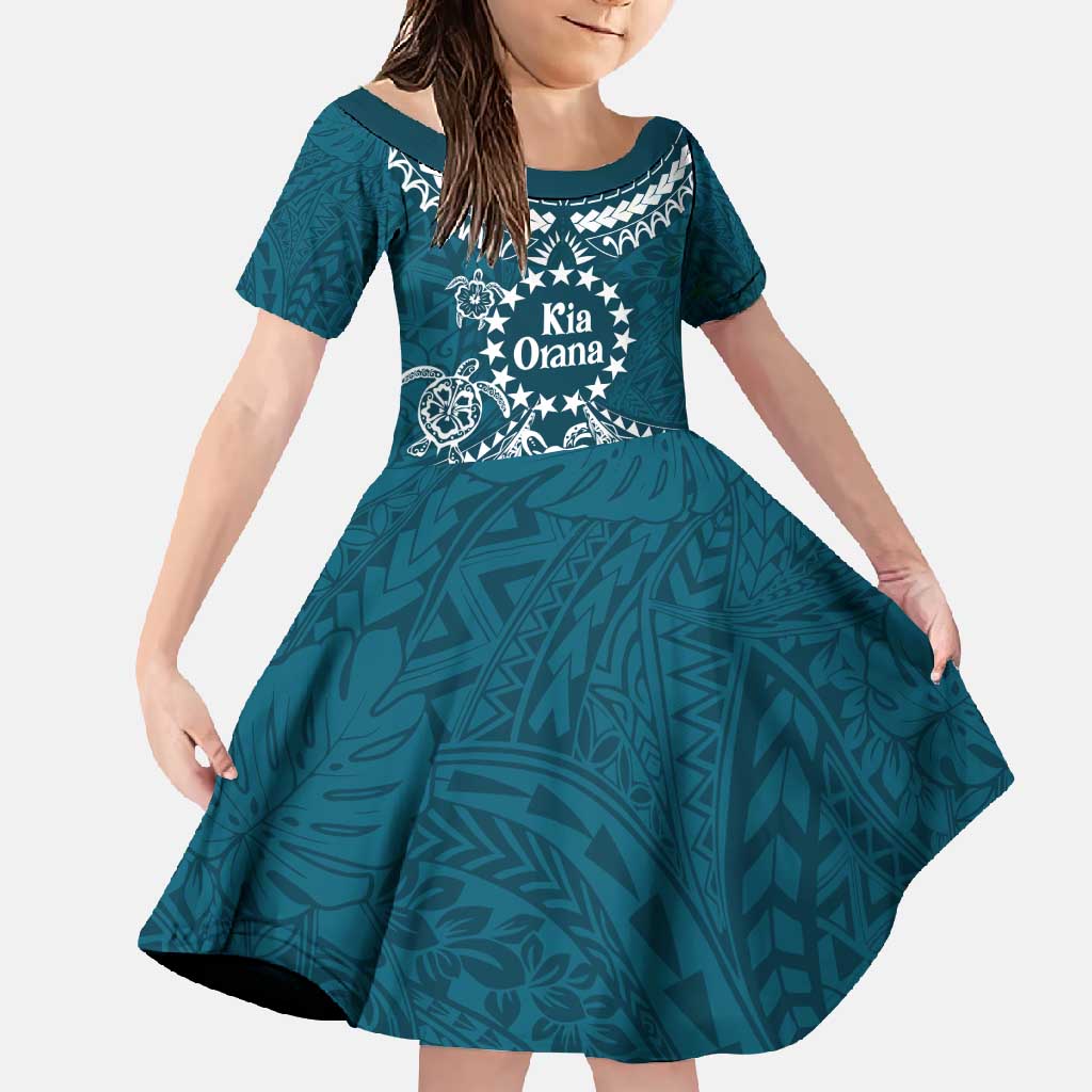 Kia Orana Cook Islands Family Matching Summer Maxi Dress and Hawaiian Shirt Polynesian Turtle Crowberry Blue Color LT14 Daughter's Dress Crowberry Blue - Polynesian Pride