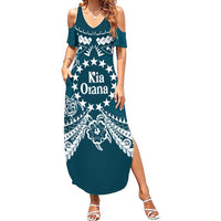 Kia Orana Cook Islands Family Matching Summer Maxi Dress and Hawaiian Shirt Polynesian Turtle Crowberry Blue Color LT14 Mom's Dress Crowberry Blue - Polynesian Pride