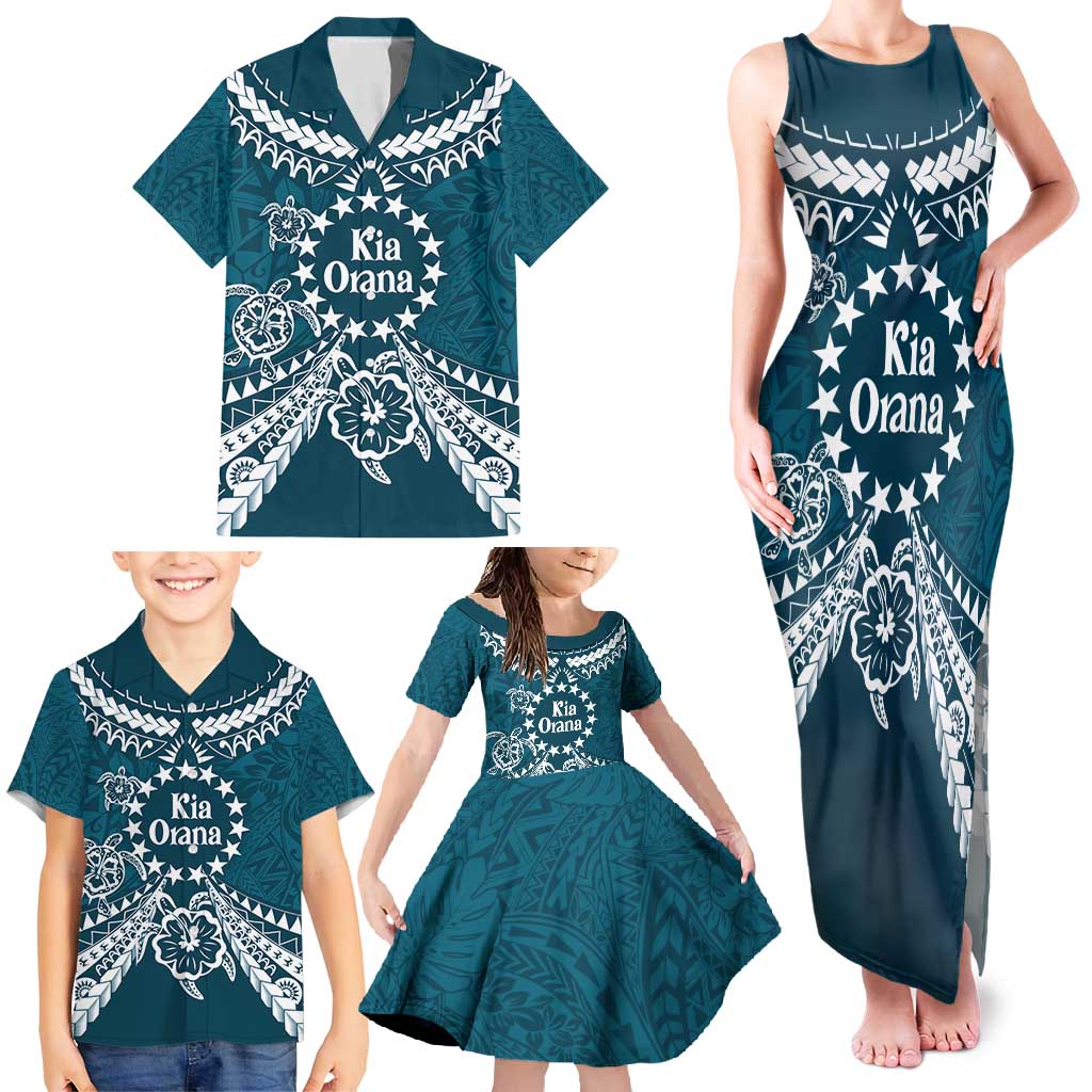 Kia Orana Cook Islands Family Matching Tank Maxi Dress and Hawaiian Shirt Polynesian Turtle Crowberry Blue Color