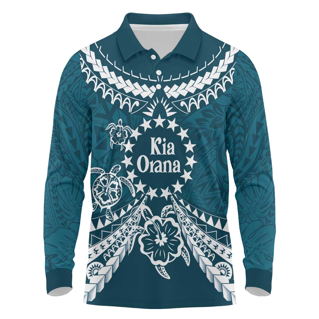 Kia Orana Cook Islands Long Sleeve Polo Shirt Polynesian Turtle Crowberry Blue Color LT14 Crowberry Blue - Polynesian Pride