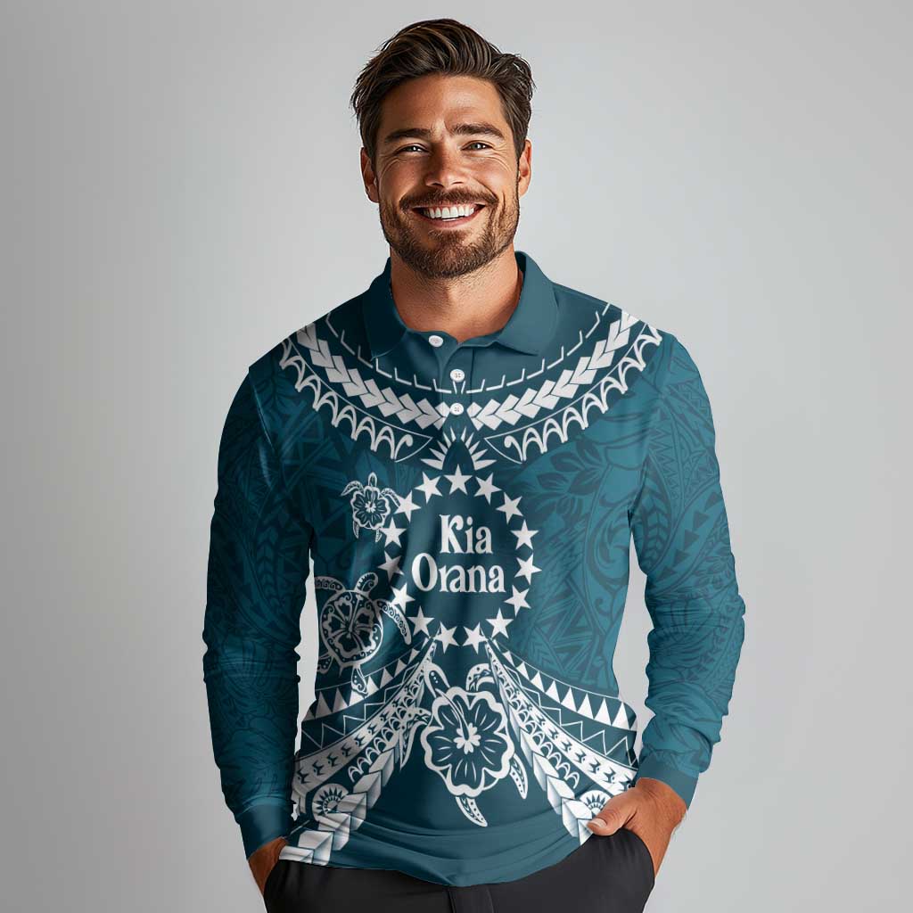 Kia Orana Cook Islands Long Sleeve Polo Shirt Polynesian Turtle Crowberry Blue Color LT14 - Polynesian Pride