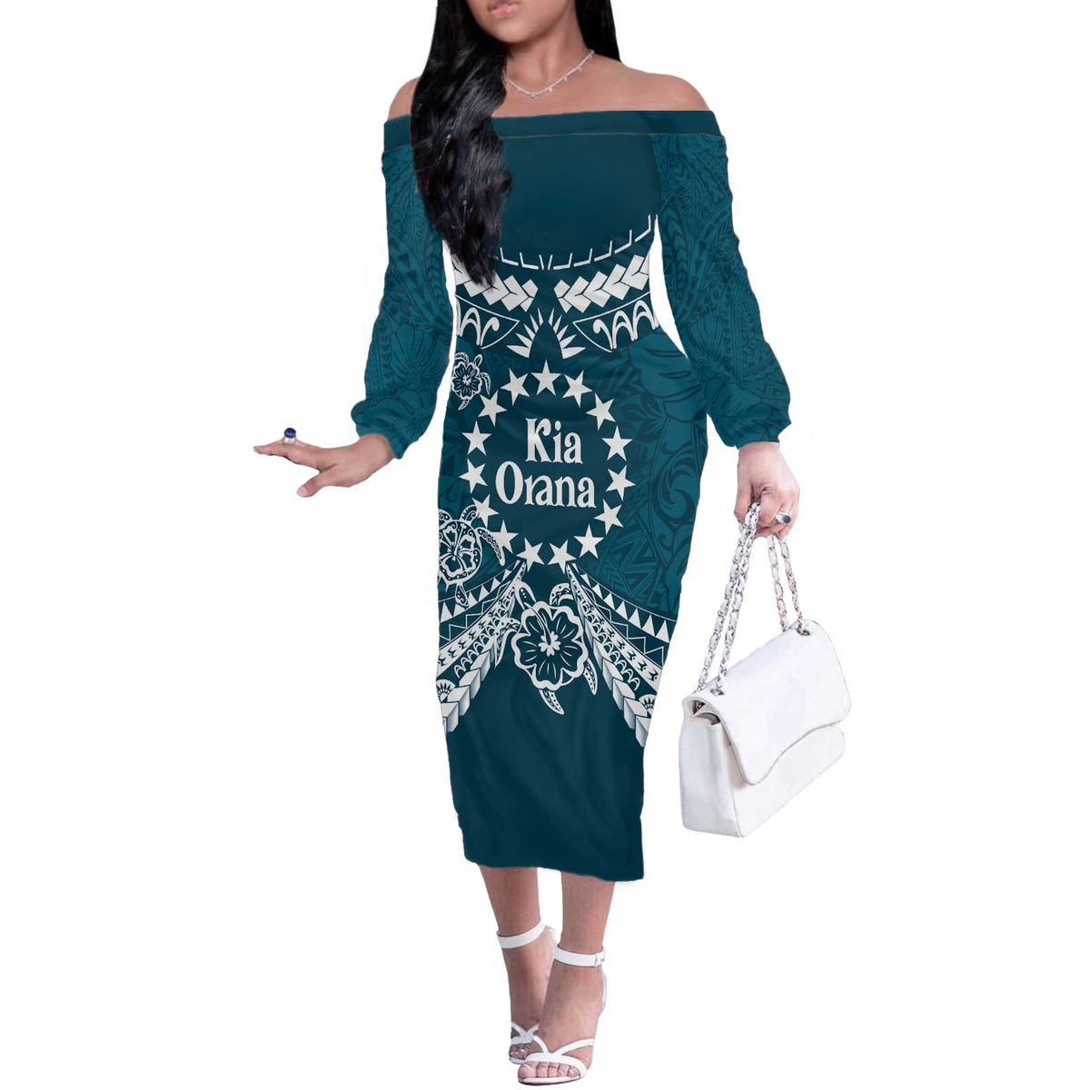 Kia Orana Cook Islands Off The Shoulder Long Sleeve Dress Polynesian Turtle Crowberry Blue Color LT14 Women Crowberry Blue - Polynesian Pride