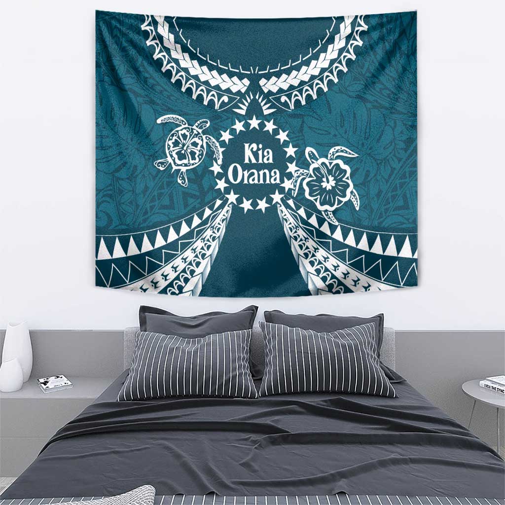 Kia Orana Cook Islands Tapestry Polynesian Turtle Crowberry Blue Color