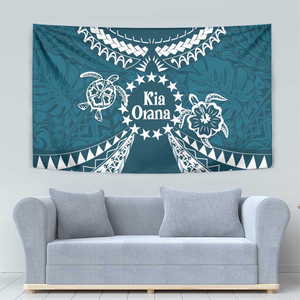 Kia Orana Cook Islands Tapestry Polynesian Turtle Crowberry Blue Color