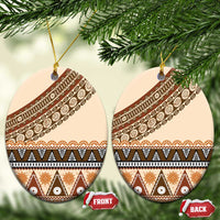 Bula Fiji Ceramic Ornament 2025 Pasifika Traditional Fijian Masi LT14 Oval Beige - Polynesian Pride