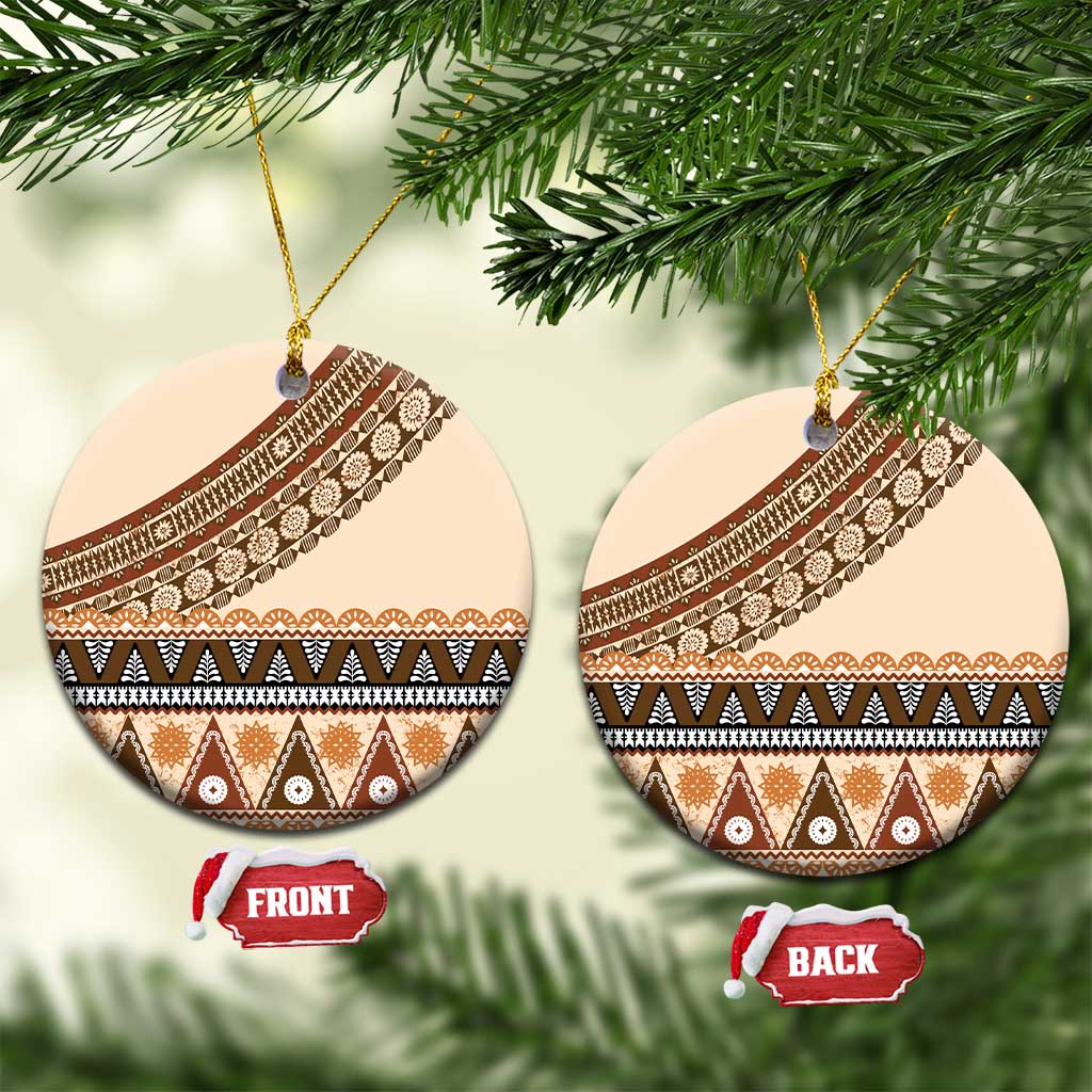 Bula Fiji Ceramic Ornament 2025 Pasifika Traditional Fijian Masi LT14 Circle Beige - Polynesian Pride