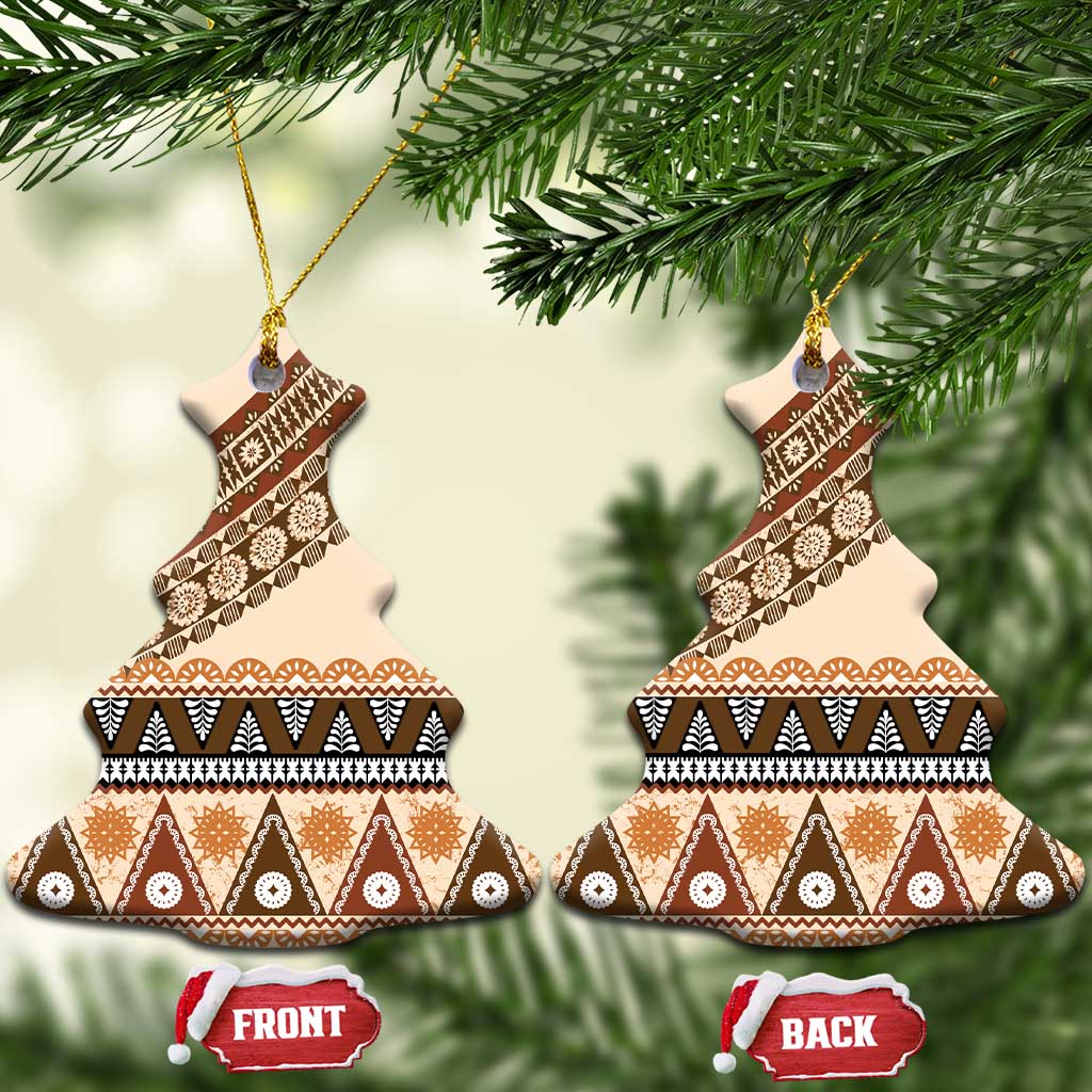 Bula Fiji Ceramic Ornament 2025 Pasifika Traditional Fijian Masi LT14 Christmas Tree Beige - Polynesian Pride