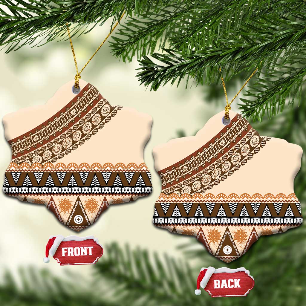 Bula Fiji Ceramic Ornament 2025 Pasifika Traditional Fijian Masi LT14 Snow Flake Beige - Polynesian Pride