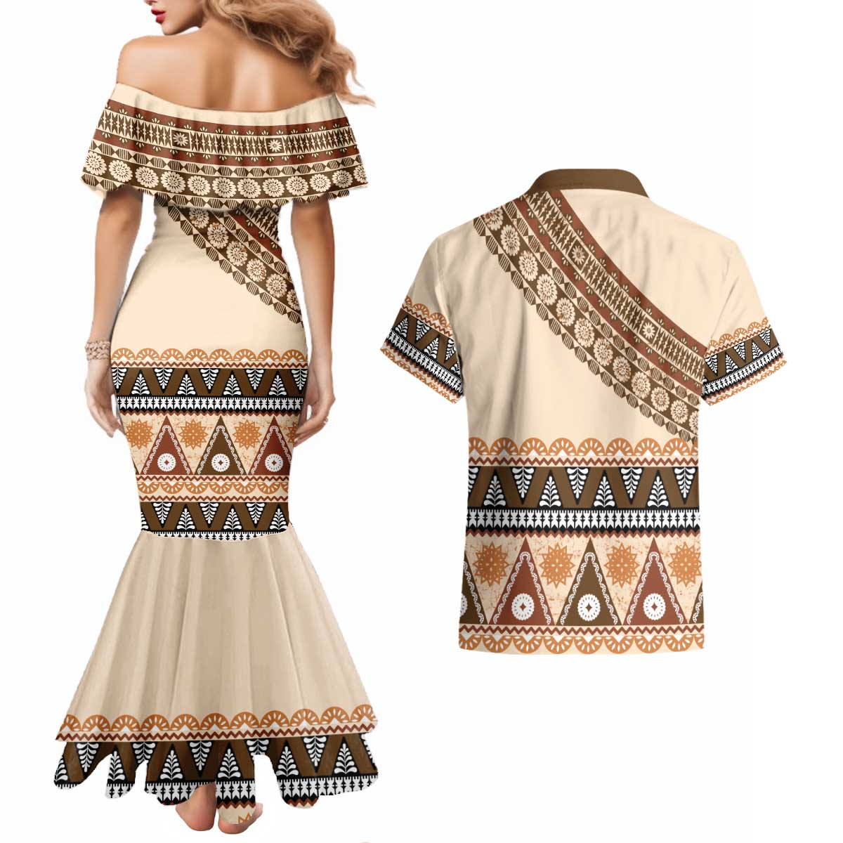 Bula Fiji Couples Matching Mermaid Dress and Hawaiian Shirt 2025 Pasifika Traditional Fijian Masi