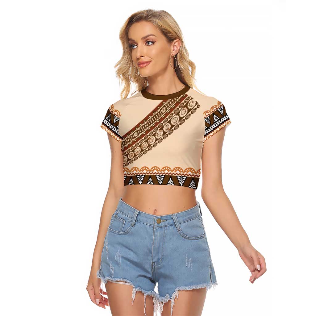 Bula Fiji Raglan Cropped T Shirt 2025 Pasifika Traditional Fijian Masi LT14 Female Beige - Polynesian Pride