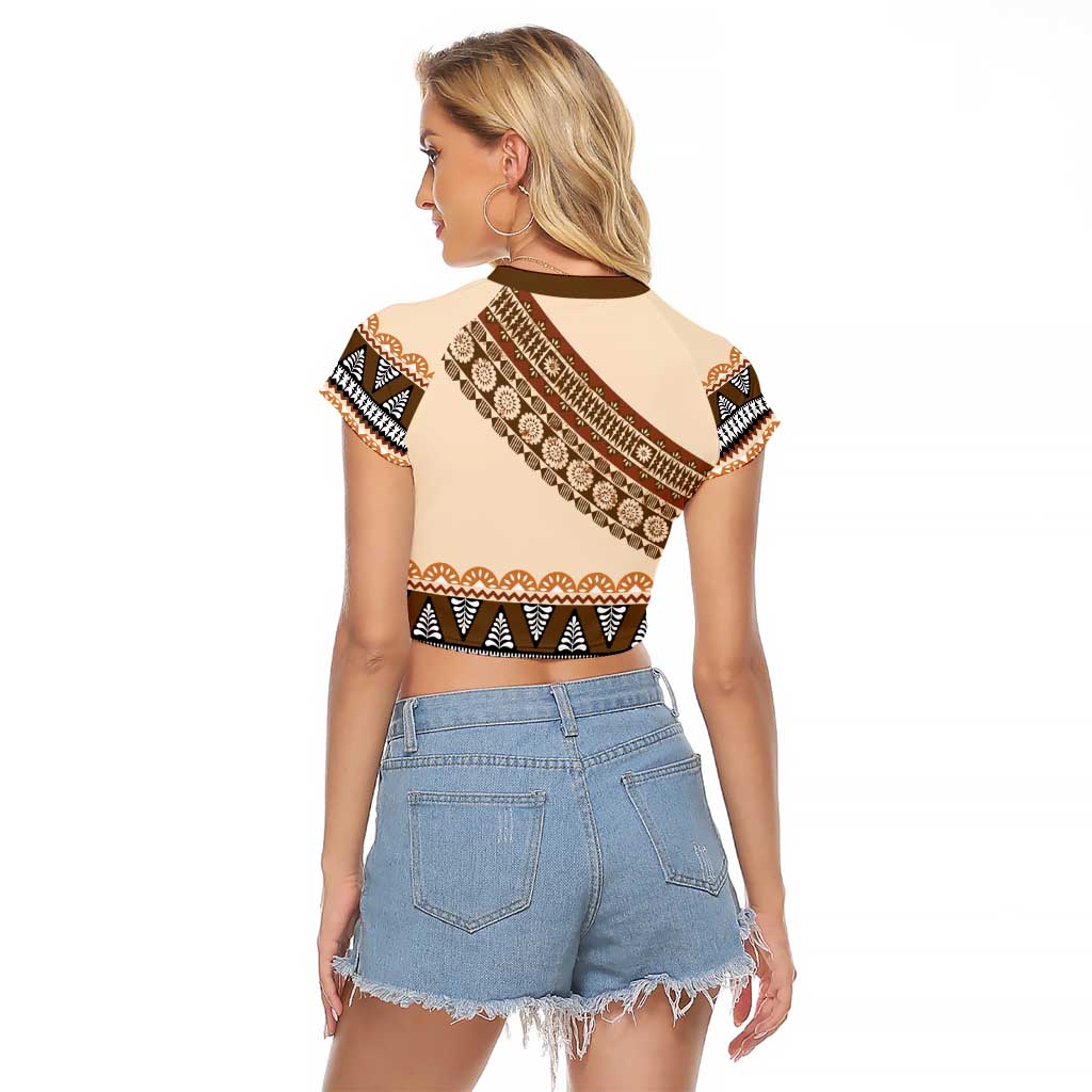 Bula Fiji Raglan Cropped T Shirt 2025 Pasifika Traditional Fijian Masi LT14 - Polynesian Pride