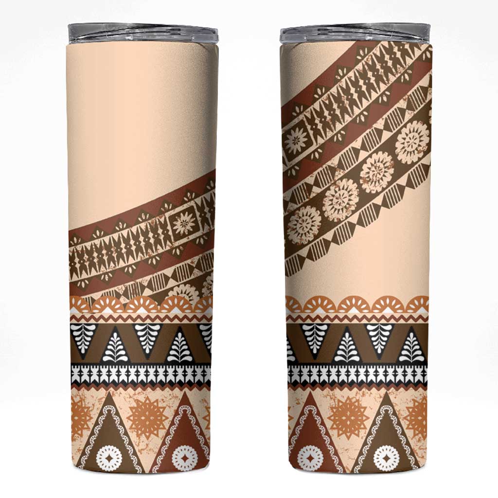 Bula Fiji Skinny Tumbler 2025 Pasifika Traditional Fijian Masi LT14 Beige - Polynesian Pride