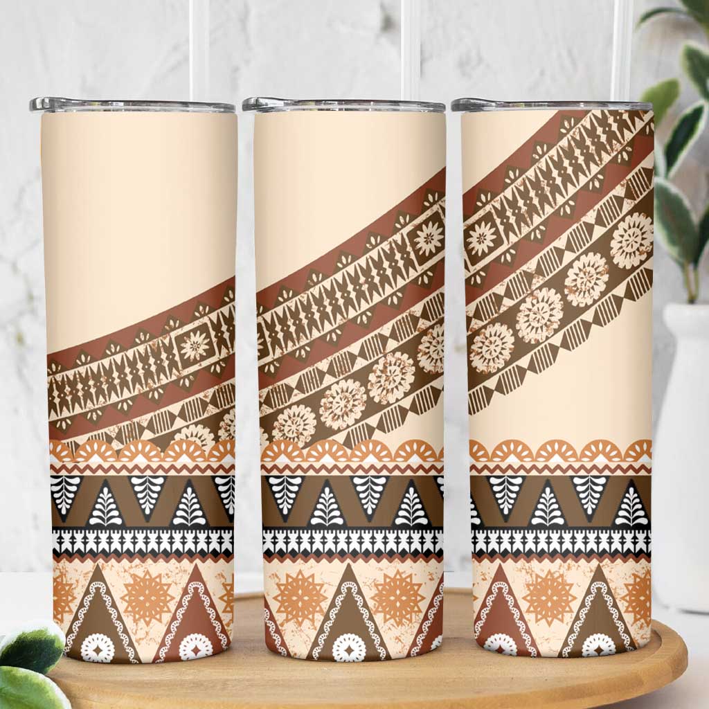 Bula Fiji Skinny Tumbler 2025 Pasifika Traditional Fijian Masi LT14 - Polynesian Pride