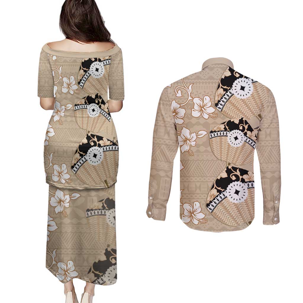 Bula Fiji Iri Buli Couples Matching Puletasi and Long Sleeve Button Shirt Woven Fan With Fijian Tapa LT14 - Polynesian Pride