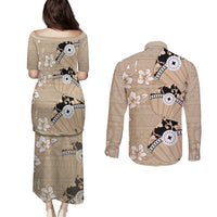 Bula Fiji Iri Buli Couples Matching Puletasi and Long Sleeve Button Shirt Woven Fan With Fijian Tapa LT14 - Polynesian Pride