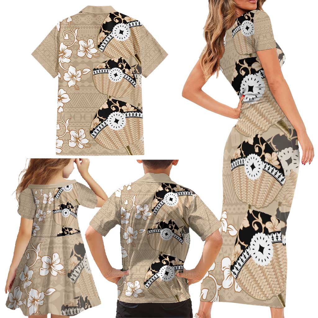 Bula Fiji Iri Buli Family Matching Short Sleeve Bodycon Dress and Hawaiian Shirt Woven Fan With Fijian Tapa