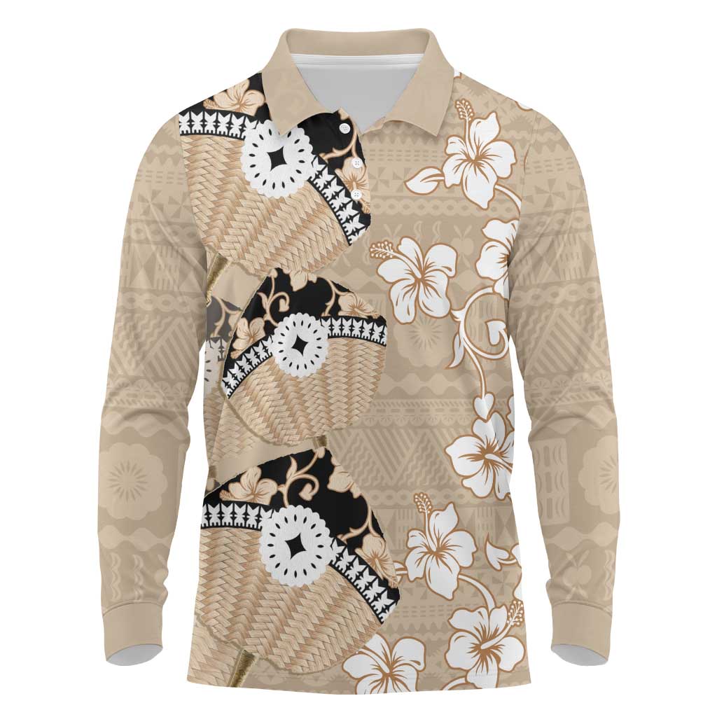 Bula Fiji Iri Buli Long Sleeve Polo Shirt Woven Fan With Fijian Tapa