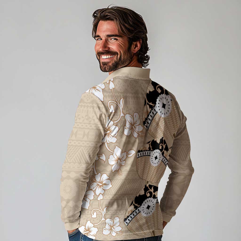 Bula Fiji Iri Buli Long Sleeve Polo Shirt Woven Fan With Fijian Tapa