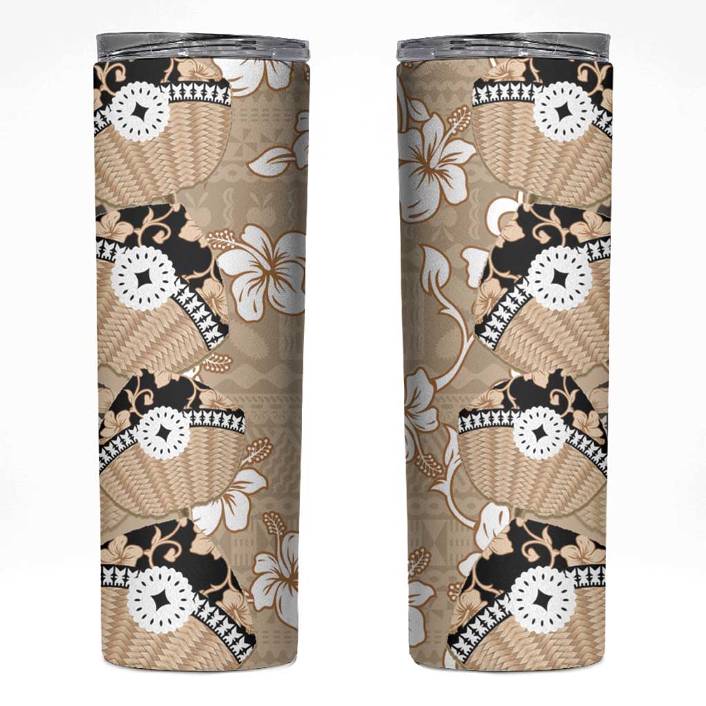 Bula Fiji Iri Buli Skinny Tumbler Woven Fan With Fijian Tapa LT14 Beige - Polynesian Pride