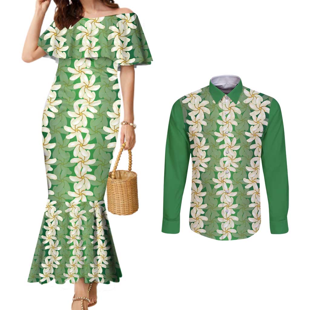 Ia Orana Tahiti Tiare Maori Seamless Style Couples Matching Mermaid Dress and Long Sleeve Button Shirt LT14 Green - Polynesian Pride