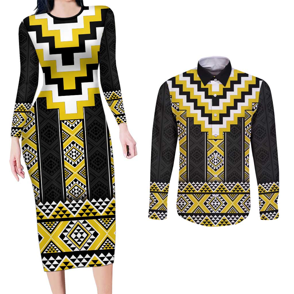 Yellow Taniko Aotearoa Couples Matching Long Sleeve Bodycon Dress and Long Sleeve Button Shirt Niho Taniwha Mix Poutama LT14 Yellow - Polynesian Pride