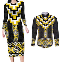 Yellow Taniko Aotearoa Couples Matching Long Sleeve Bodycon Dress and Long Sleeve Button Shirt Niho Taniwha Mix Poutama LT14 Yellow - Polynesian Pride