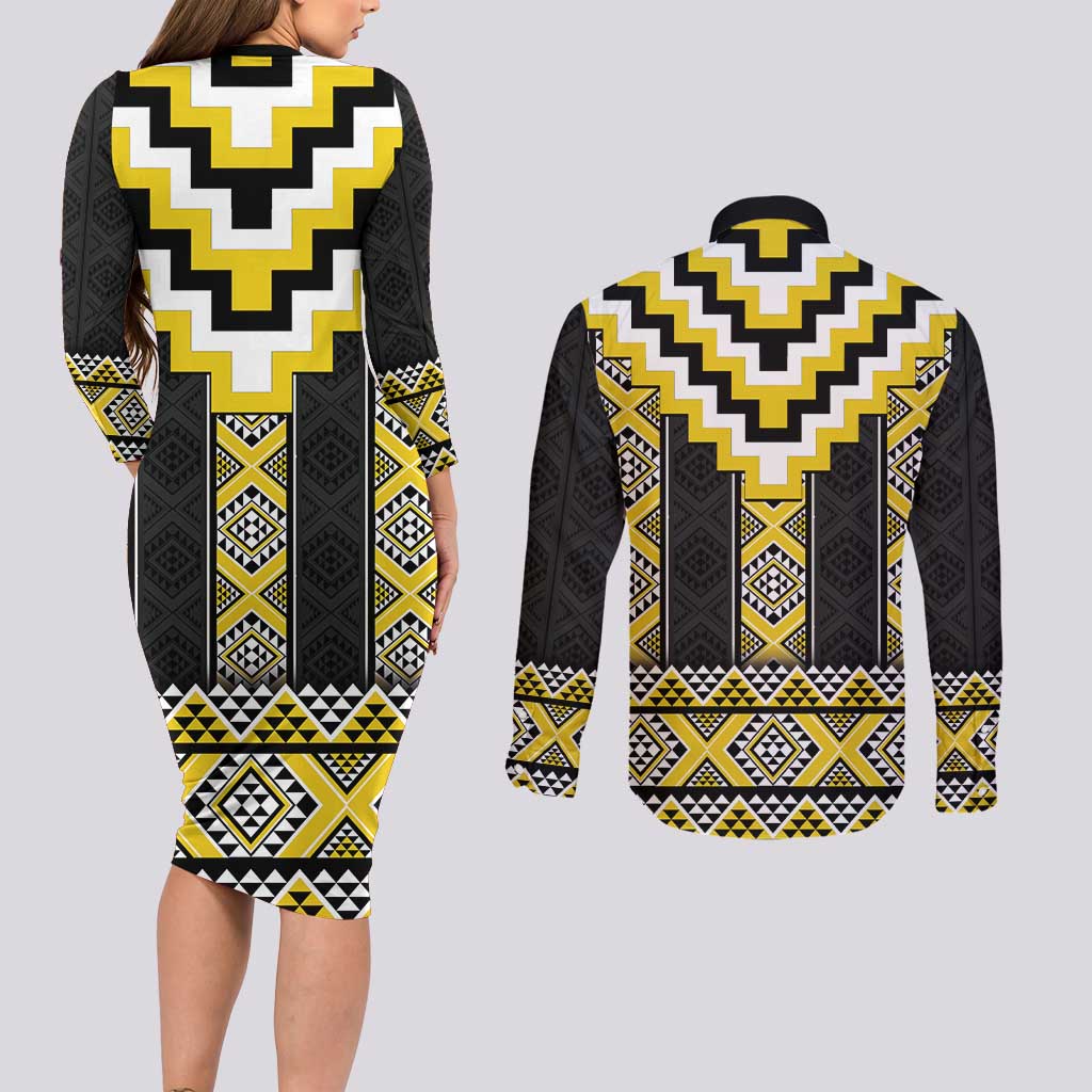 Yellow Taniko Aotearoa Couples Matching Long Sleeve Bodycon Dress and Long Sleeve Button Shirt Niho Taniwha Mix Poutama LT14 - Polynesian Pride