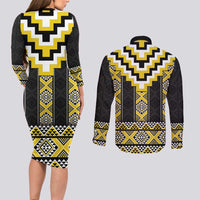 Yellow Taniko Aotearoa Couples Matching Long Sleeve Bodycon Dress and Long Sleeve Button Shirt Niho Taniwha Mix Poutama LT14 - Polynesian Pride