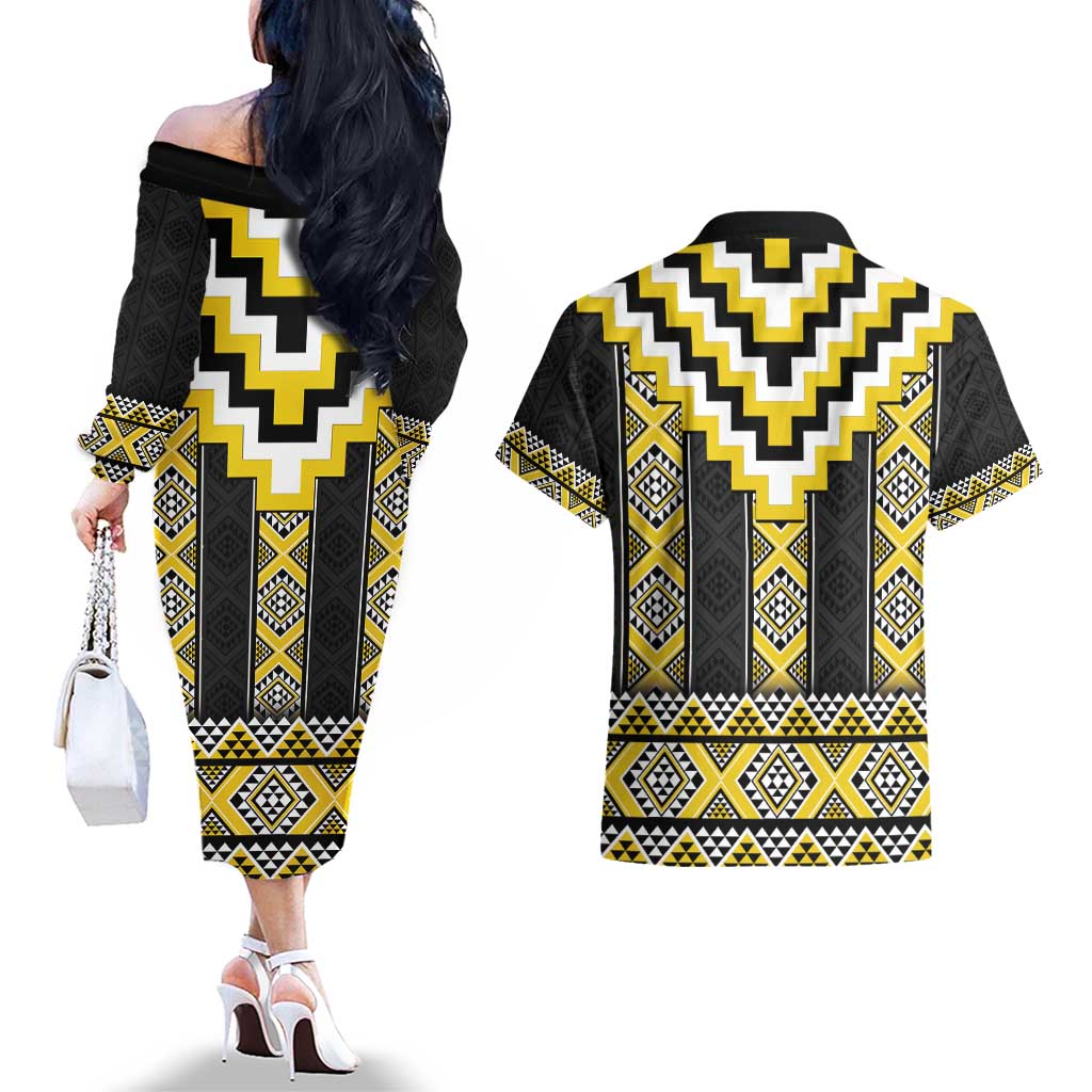Yellow Taniko Aotearoa Couples Matching Off The Shoulder Long Sleeve Dress and Hawaiian Shirt Niho Taniwha Mix Poutama LT14 - Polynesian Pride