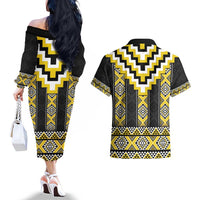 Yellow Taniko Aotearoa Couples Matching Off The Shoulder Long Sleeve Dress and Hawaiian Shirt Niho Taniwha Mix Poutama LT14 - Polynesian Pride